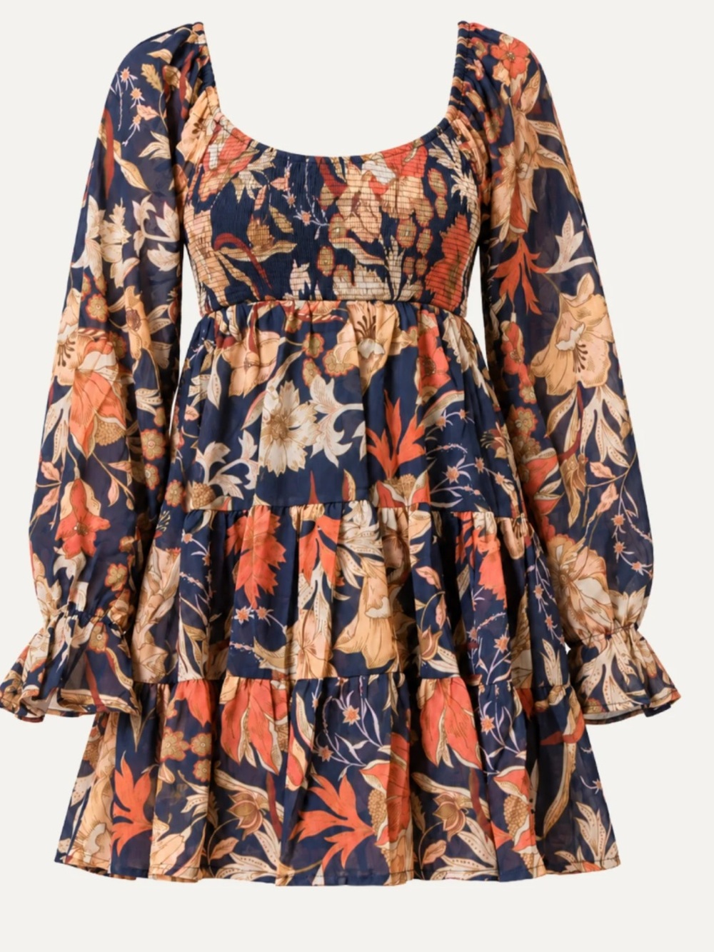 Flying Tomato Navy Floral Tiered Long-Sleeve Dress
